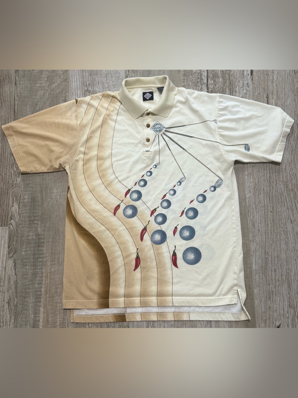 Vintage Tabasco Sportswear Polo with Blue Golf Graphics & Red Chili Accents